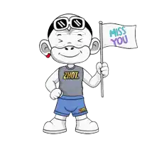 a cartoon character holding a miss you flag