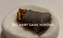 a piece of food on a plate with the words big hairy game hunting