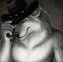 a black and white drawing of a wolf wearing a black hat