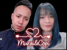 a man and a woman are standing next to each other and the words murai & copi are on the bottom