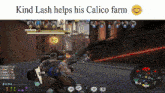 a screenshot of a video game with the words kind lash helps his calico farm