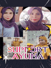 a woman wearing a purple scarf and a yellow sweater is surrounded by the words support ayuna