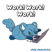 a cartoon of a mouse laying on a laptop with the words work work work below it