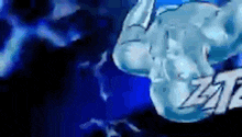 a close up of a statue of a man on a blue background with the word zzt on it .