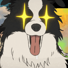 a black and white dog with glowing eyes and its tongue sticking out