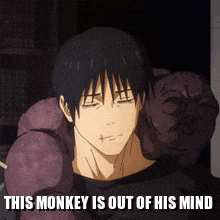 a man with his eyes closed and a monkey on his shoulders with the caption this monkey is out of his mind
