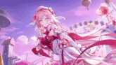 a girl with pink hair and white gloves stands in front of a ferris wheel