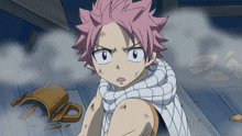 a boy with pink hair and a scarf around his neck