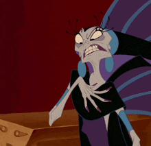 a cartoon character with a purple hat and blue wings is making a funny face