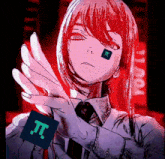 a girl with red hair and a sticker on her face that says pi