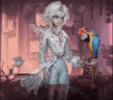 a woman holding a blue and yellow parrot in her hand