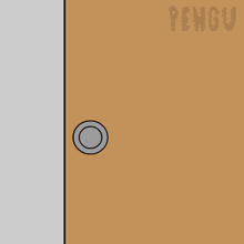 a cartoon of a penguin peeking out of a wooden door