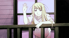a blonde anime girl is standing on a balcony waving her hand