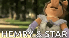 miss piggy from the muppets is wearing a white dress and gloves and says henry and star .