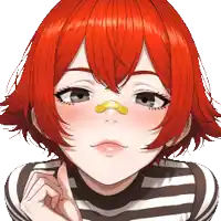 a girl with red hair is wearing a striped shirt and has a bandage on her nose