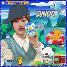 a picture of a boy holding a stuffed animal with the name sunoo written on it