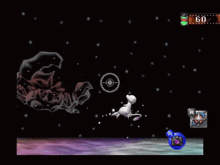 a video game screen shows a mew holding a target