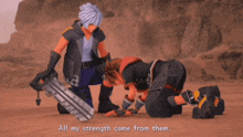 a video game character kneeling down with the words all my strength came from them