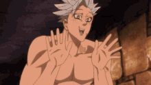 a shirtless anime character is waving his hands
