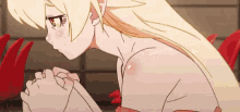 a blonde anime girl with long hair is kneeling down with her hands folded .