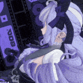 a girl with purple hair is standing in front of a screen that says ' 808 '
