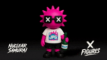 a pink cartoon character holding a green bottle with the word jpg on his shirt