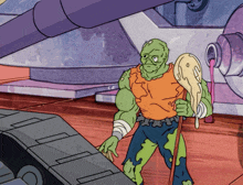 a cartoon drawing of a green monster holding a spear