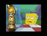 a cartoon of spongebob looking at a statue
