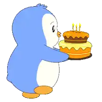 a blue penguin is holding a birthday cake with candles on it