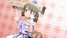 a girl in a purple and white dress is waving her hand