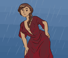 a cartoon drawing of a woman in a red dress standing in the rain