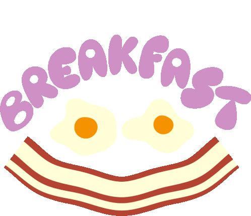 Breakfast Two Eggs And Bacon Smiley Face Below Breakfast In Purple Bubble Letters Sticker - Breakfast Two Eggs And Bacon Smiley Face Below Breakfast In Purple Bubble Letters Eggs Stickers