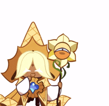 a cartoon character holding a flower with a speech bubble above her head