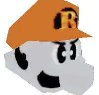 a cartoon character wearing an orange hat with a letter r on it