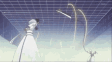 a man in a white robe is holding a sword while standing next to another man in a white robe