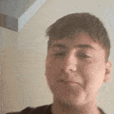a close up of a young man 's face with a slight smile on his face .