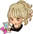 a pixel art drawing of a girl holding a cell phone and a bow .