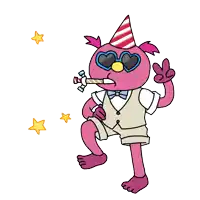 a cartoon character wearing a party hat and sunglasses blowing a party horn