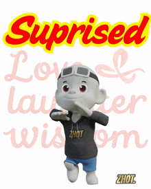 a cartoon character is standing in front of a sign that says suprised love laughter wisdom