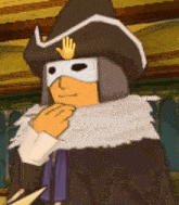 a cartoon character wearing a hat and a mask with a hand on top