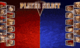 a player select screen shows a red and blue background