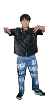 a man wearing a black shirt and blue jeans with gyat written on them