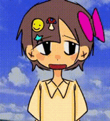 a cartoon girl with a butterfly in her hair and a smiley face on her head