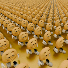 a bunch of smiley faces are lined up on a yellow background