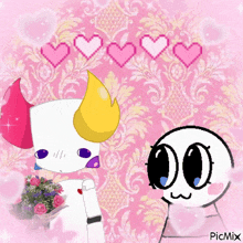 a couple of cartoon characters standing next to each other on a pink background with hearts in the background