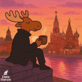 a cartoon of a moose sitting on a ledge holding a cup of coffee
