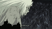 a cartoon character says " i 'll finish you off " at the bottom of the screen