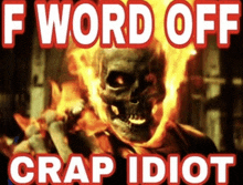 a picture of a ghost rider with the words f word off crap idiot on it