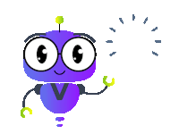 a purple robot with the letter v on it
