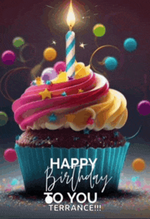 a birthday card with a cupcake with a lit candle and the words happy birthday to you terrance